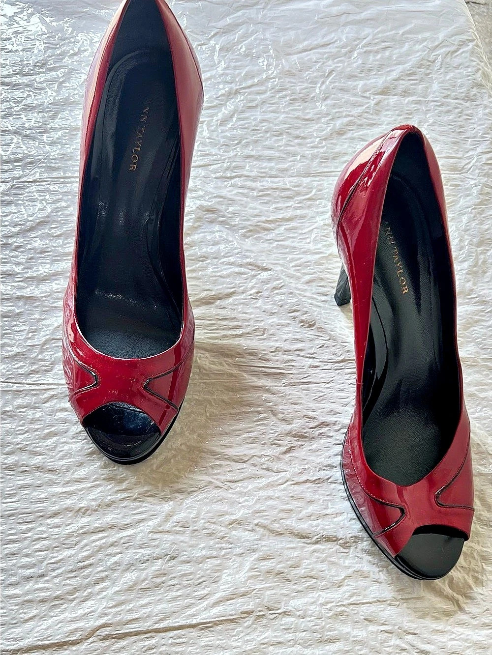 Ann Taylor Red & Black Patent Peep-Toe Heels